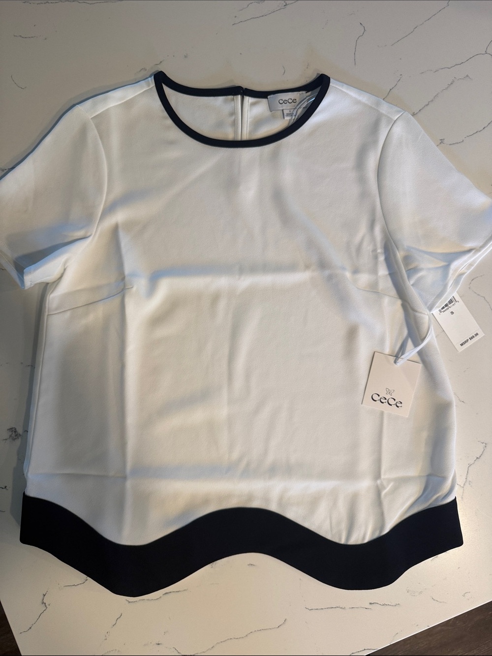 CeCe White Top with Black Trim and Scalloped Hem